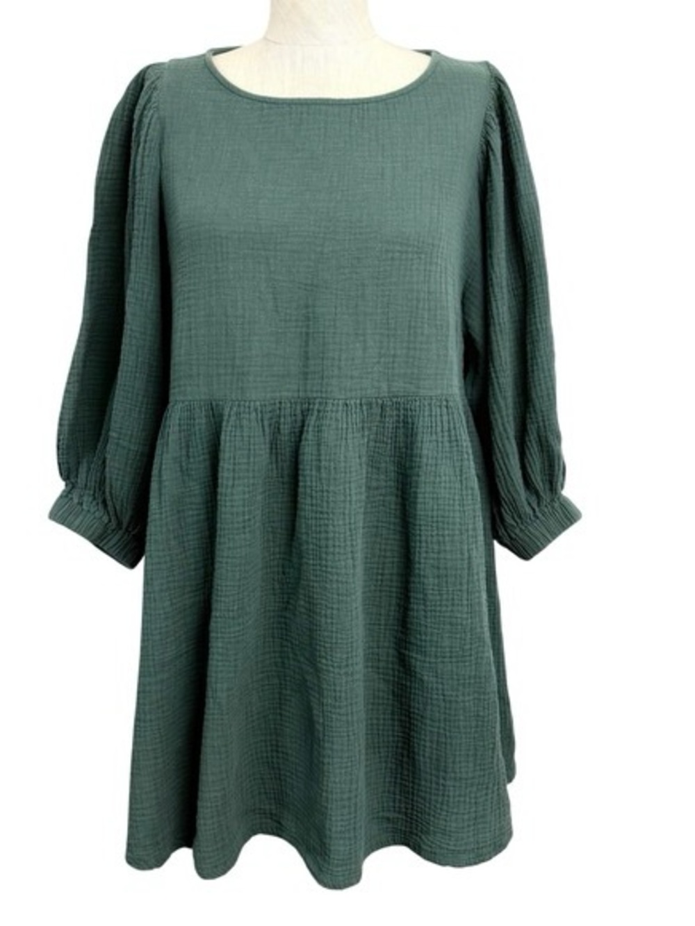 Green Cozy Relaxed Gauze Peasant Dress